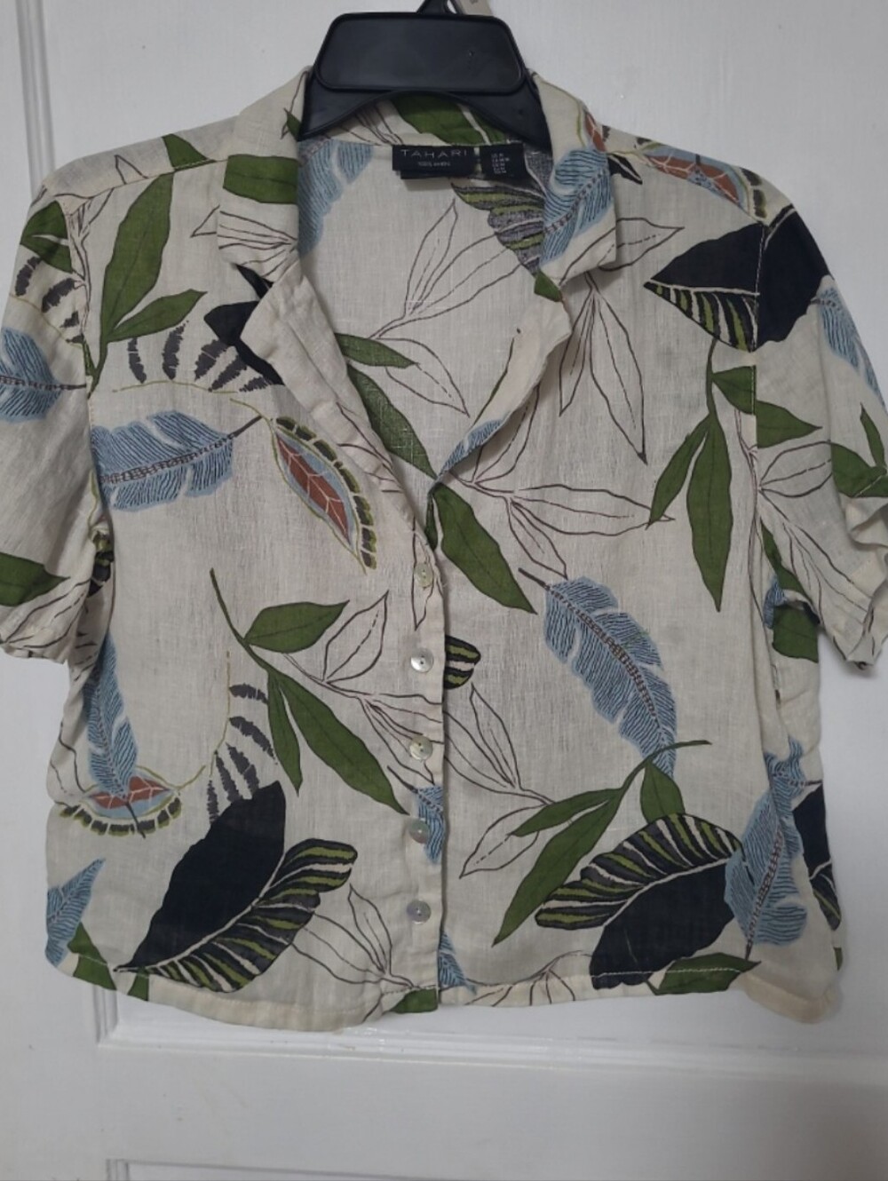 Tahari Cream Linen Short Sleeve Button-Front Tropical Button Top MEDIUM